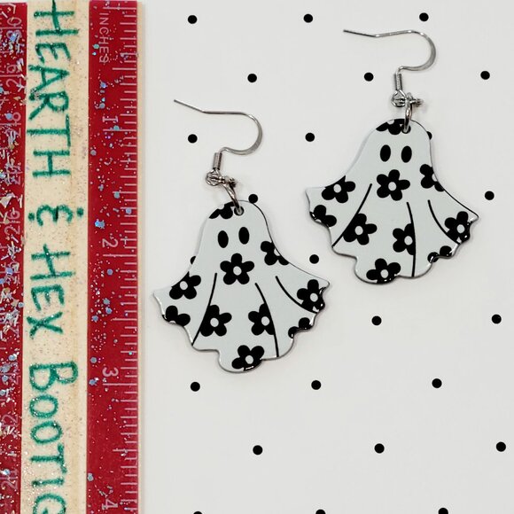 Black and White Retro Flower Ghost Earrings Stainless Steel Hooks Summerween - Picture 5 of 7